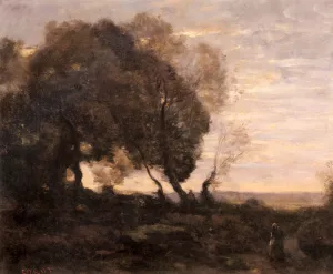 Arbres Tordus Sur Une Crete Soleil Couchant painting by Jean-Baptiste-Camille Corot