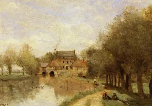 Arleux-du-Nord, the Drocourt Mill, on the Sensee painting by Jean-Baptiste-Camille Corot