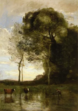 Banks of a Pond with Two Cows, Italian Souvenir by Jean-Baptiste-Camille Corot - Oil Painting Reproduction