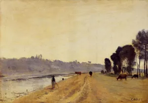 Banks of a River by Jean-Baptiste-Camille Corot Oil Painting