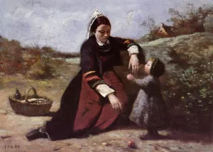 Breton Woman with Her Little Girl by Jean-Baptiste-Camille Corot - Oil Painting Reproduction