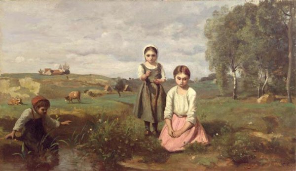 Children at the Edge of a Stream in the Countryside near Lormes by Jean-Baptiste-Camille Corot - Hand-Painted Oil Painting Reproduction