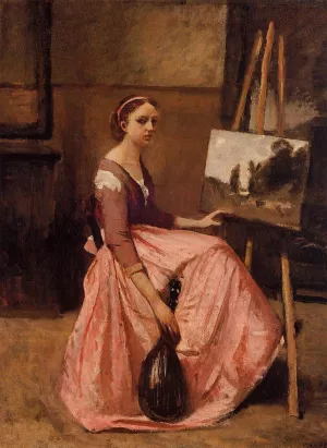 Corot's Studio (also known as Young Woman in a Red Dress, Sitting in front of an Easel, Holding a Mandolin) by Jean-Baptiste-Camille Corot Oil Painting