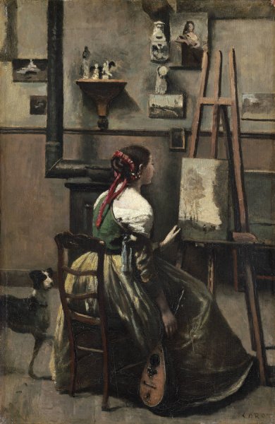 Corot's Studio - Woman Seated Before an Easel,a Mandolin in her Hand  by Jean-Baptiste-Camille Corot - Hand-Painted Oil Painting Reproduction