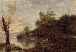 Cowherd by the Water Oil painting by Jean-Baptiste-Camille Corot
