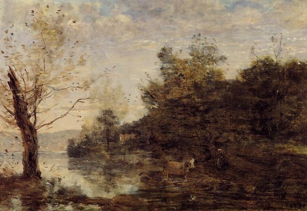 Main Product Photo of Cowherd by the Water Painting by Jean-Baptiste-Camille Corot