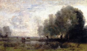 Cows in a Pasture with a Willow by Jean-Baptiste-Camille Corot Oil Painting