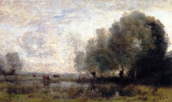 Cows in a Pasture with a Willow by Jean-Baptiste-Camille Corot - Hand-Painted Oil Painting Reproduction