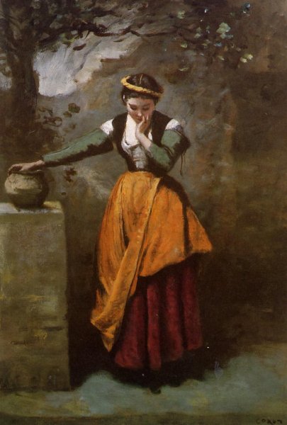 Daydreaming at the Fountain by Jean-Baptiste-Camille Corot - Hand-Painted Oil Painting Reproduction