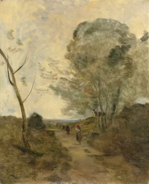 Environs D'arleux, Paysanne Conduisant Une Vache Au Paturage, Effet De Matin Oil painting by Jean-Baptiste-Camille Corot