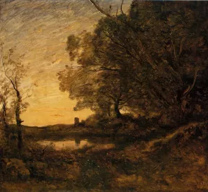 Evening - Distant Tower by Jean-Baptiste-Camille Corot Oil Painting