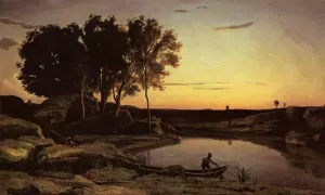 Evening Landscape also known as The Ferryman, Evening by Jean-Baptiste-Camille Corot - Oil Painting Reproduction