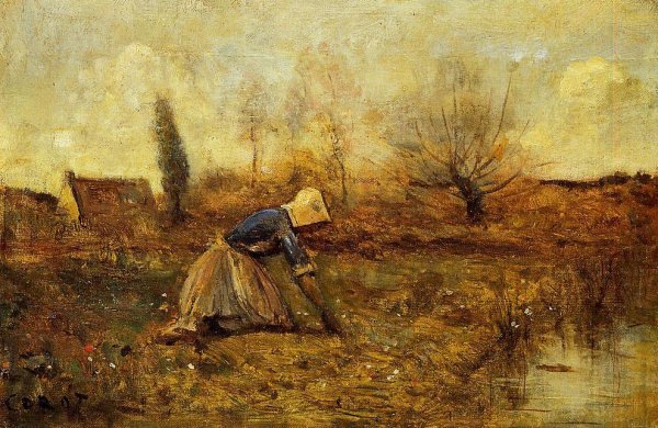 Main Product Photo of Farmer Kneeling Picking Dandelions Painting by Jean-Baptiste-Camille Corot