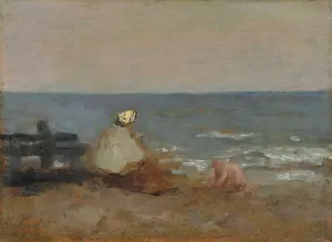 Femme et Enfant au Bord de la Mer, etretat by Jean-Baptiste-Camille Corot Oil Painting