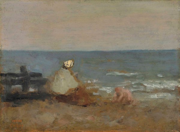 Femme et Enfant au Bord de la Mer, etretat  by Jean-Baptiste-Camille Corot - Hand-Painted Oil Painting Reproduction
