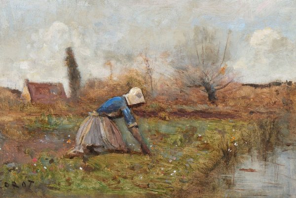Fermiere agenouillee cueillant des pissenlits  by Jean-Baptiste-Camille Corot - Hand-Painted Oil Painting Reproduction