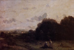 Fields with a Village on the Horizon, Two Figures in the Foreground by Jean-Baptiste-Camille Corot Oil Painting
