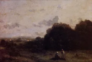 Fields with a Village on the Horizon, Two Figures in the Foreground by Jean-Baptiste-Camille Corot - Oil Painting Reproduction