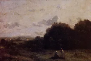 Fields with a Village on the Horizon, Two Figures in the Foreground Oil painting by Jean-Baptiste-Camille Corot