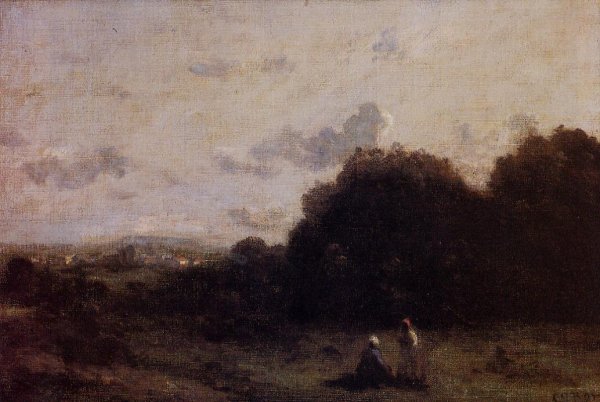 Fields with a Village on the Horizon, Two Figures in the Foreground by Jean-Baptiste-Camille Corot - Hand-Painted Oil Painting Reproduction