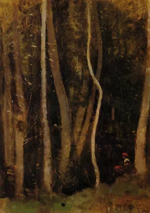 Figures in a Forest Oil painting by Jean-Baptiste-Camille Corot