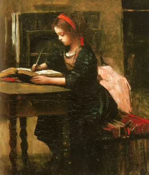 Fillette a l'etude, en train d'ecrire by Jean-Baptiste-Camille Corot - Oil Painting Reproduction