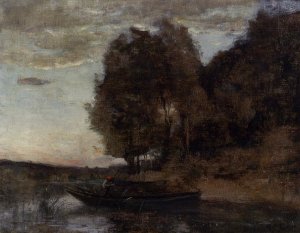 Fisherman Boating Along a Wooded Landscape by Jean-Baptiste-Camille Corot Oil Painting