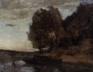 Fisherman Boating Along a Wooded Landscape by Jean-Baptiste-Camille Corot - Oil Painting Reproduction