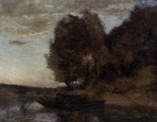 Fisherman Boating Along a Wooded Landscape by Jean-Baptiste-Camille Corot - Hand-Painted Oil Painting Reproduction