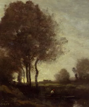 Fishermen in a Boat by Jean-Baptiste-Camille Corot Oil Painting