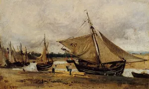 Fishing Boars Beached in the Chanel by Jean-Baptiste-Camille Corot Oil Painting