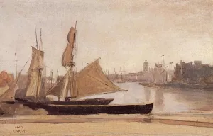 Fishing Boats Tied to the Wharf by Jean-Baptiste-Camille Corot Oil Painting