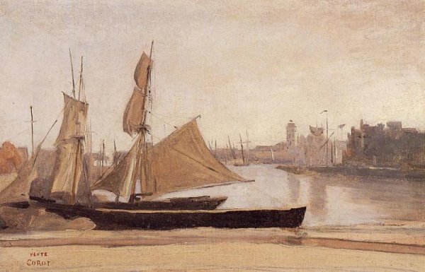 Fishing Boats Tied to the Wharf by Jean-Baptiste-Camille Corot - Hand-Painted Oil Painting Reproduction
