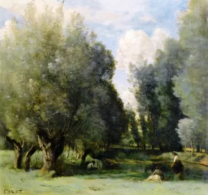 Fishing Under the Willows by Jean-Baptiste-Camille Corot - Oil Painting Reproduction