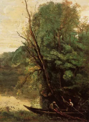 Fishing with Nets, Evening by Jean-Baptiste-Camille Corot Oil Painting