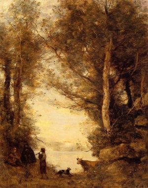 Flute Player at Lake Albano by Jean-Baptiste-Camille Corot Oil Painting