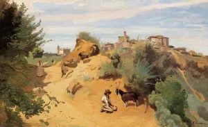 Genzano - Goatherd and Village by Jean-Baptiste-Camille Corot Oil Painting