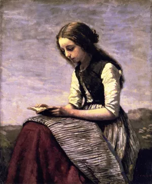 Girl Reading also known as Seated Shepherdess Reading by Jean-Baptiste-Camille Corot Oil Painting