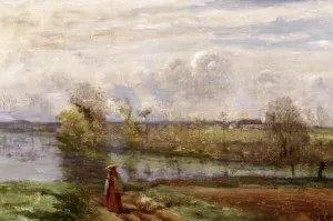 Girl Reading by the Water by Jean-Baptiste-Camille Corot Oil Painting