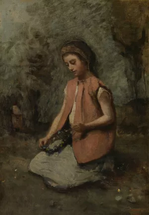 Girl Weaving a Garland by Jean-Baptiste-Camille Corot Oil Painting