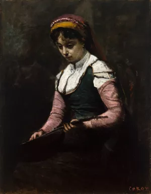 Girl with Mandolin by Jean-Baptiste-Camille Corot Oil Painting