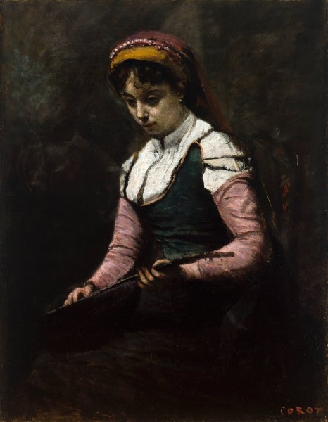 Girl with Mandolin  by Jean-Baptiste-Camille Corot - Hand-Painted Oil Painting Reproduction