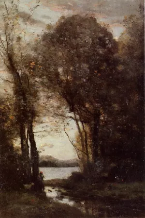 Goatherd Standing, Playing the Flute under the Trees by Jean-Baptiste-Camille Corot Oil Painting