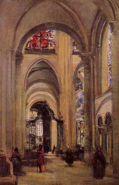 Interior of Sens Cathedral by Jean-Baptiste-Camille Corot - Hand-Painted Oil Painting Reproduction