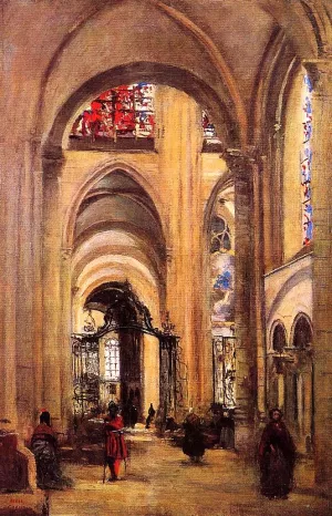 Interior of Sens Cathedral by Jean-Baptiste-Camille Corot Oil Painting