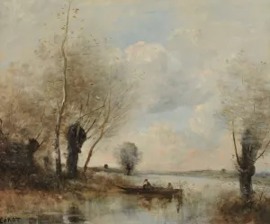 La peche en barque aupres des saules by Jean-Baptiste-Camille Corot Oil Painting
