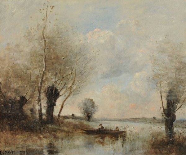 La peche en barque aupres des saules  by Jean-Baptiste-Camille Corot - Hand-Painted Oil Painting Reproduction