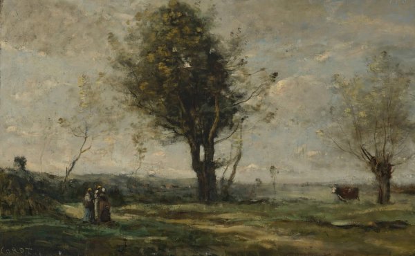 La Rencontre Au Bord Du Chemin by Jean-Baptiste-Camille Corot - Hand-Painted Oil Painting Reproduction