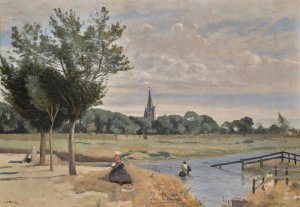 La Rochelle; L'Abreuvoir, Vue Prise Pres Des Remparts, Avec La Tour De La Lanterne by Jean-Baptiste-Camille Corot Oil Painting