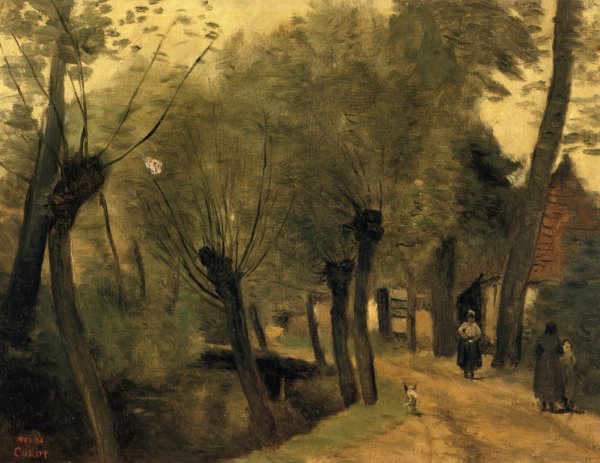 LaBuissiere, near Bethune pas de Calais: Lane Bordered by Willows by Jean-Baptiste-Camille Corot - Hand-Painted Oil Painting Reproduction